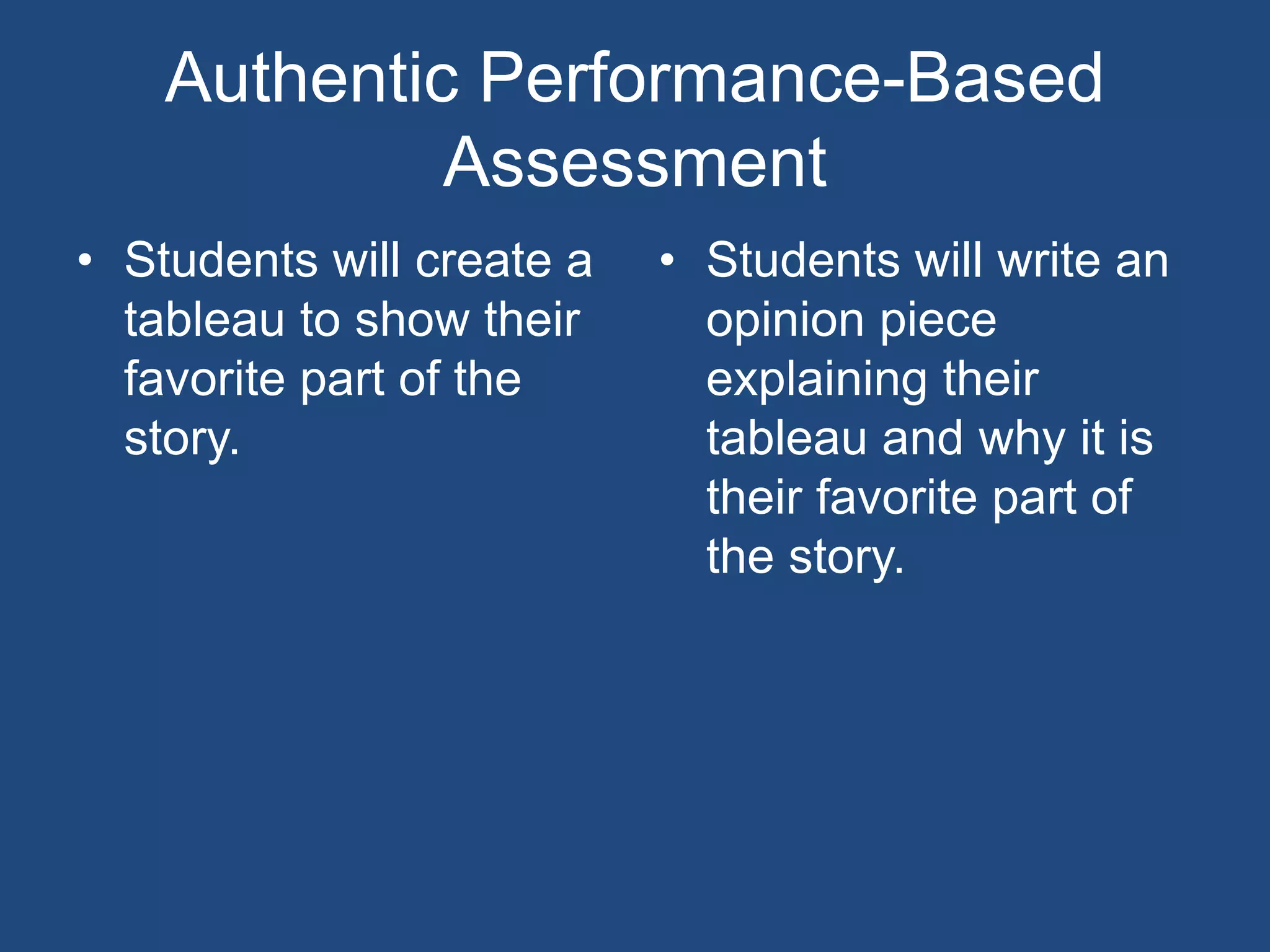 Authentic Performance-Based
Assessment
• Students will create a
tableau to show their
favorite part of the
story.
• Students will write an
opinion piece
explaining their
tableau and why it is
their favorite part of
the story.
 