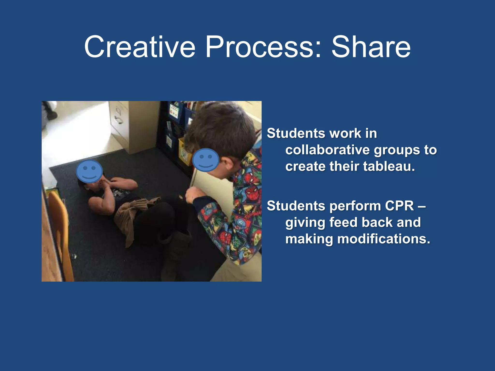 Creative Process: Share
Students work in
collaborative groups to
create their tableau.
Students perform CPR –
giving feed back and
making modifications.
Insert Your Picture Here
 