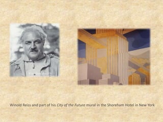 Winold Reiss and part of his City of the Future mural in the Shoreham Hotel in New York