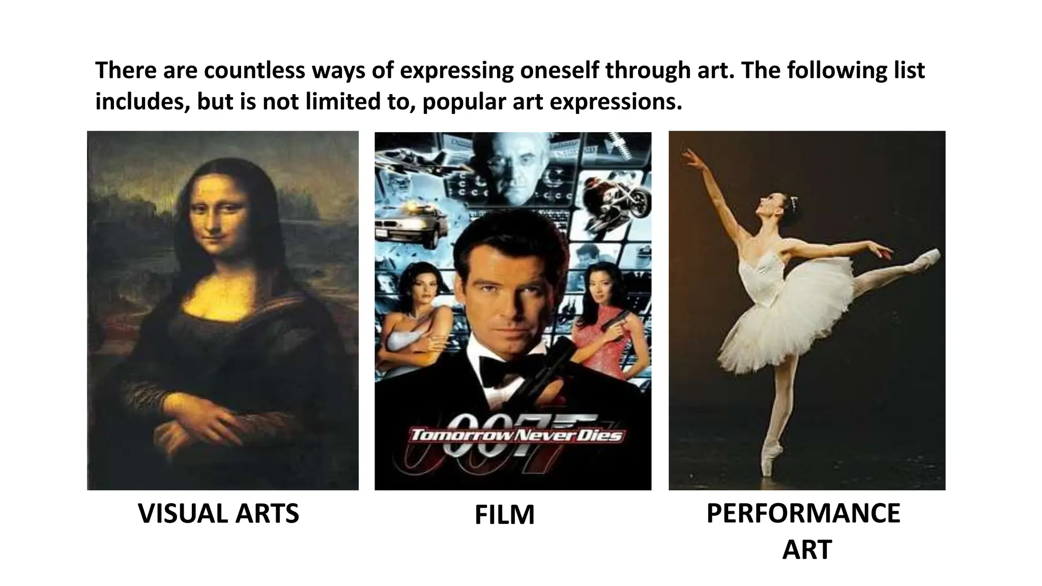 There are countless ways of expressing oneself through art. The following list
includes, but is not limited to, popular art expressions.
VISUAL ARTS FILM PERFORMANCE
ART
 