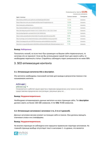 - 11
-
Вывод: Нейтрально.
Показатель низкий, но если текст был размещен на Вашем сайте первоначально, то
негатива это не принесет. Если же Вы использовали чужой текст для своего сайта, то
необходимо переписать статьи. Старайтесь соблюдать порог уникальности не ниже 90%
3. SEO оптимизация контента
3.1. Оптимизация метатегов title и description.
Эти метатеги необходимы поисковой системе для вывода в результатах поиска в так
называемом сниппете.
Вывод: Неудовлетворительно.
Необходимо оптимизировать данные метатеги на всех страницах сайта. Тег description
должен иметь не более 160-180 символов. А тег title 70-80 символов.
3.2. Оптимизация заголовков ( заголовки 1-го, 2-го и 3 уровней).
Данные заголовки весомо влияют на позиции сайта в поиске. Они должны вмещать
ключевые слова и их словоформы.
Вывод: Неудовлетворительно.
На многих страницах не соблюдена или нарушена правильная структура заголовков. На
главной странице вообще отсутствует текст в заголовке 1 -го уровня, что является
 