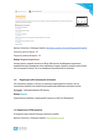 - 4 -
Данные получены c помощью сервиса: developers.google.com/speed/pagespeed/insights/
Показатель декстоп версии – 67
Показатель мобильной версии – 59
Вывод: Неудовлетворительно.
Низкая оценка, нормой считается от 80 до 100 пунктов. Необходимо подключить
разработчика для приведения этого параметра в норму. Скорость загрузки сайта влияет
как на позиции в поиске, так и на поведение пользователей на странице.
1.4. Индексация сайта поисковыми системами
Это показатель говорит о том все ли страницы индексируются в поиске. Нет ли
технических проблем или запретов для индексации роботами поисковых систем.
ПС Google – проиндексировано 48 страниц
Вывод: Хорошо.
Существенных проблем с индексацией страниц на сайте не обнаружено.
1.3. Корректность HTML разметки
В исходном коде главной страницы замечены ошибки.
Данные получены c помощью сервиса: http://validator.w3.org/
 