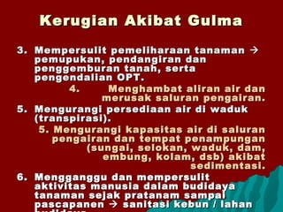 3.3. Mempersulit pemeliharaan tanamanMempersulit pemeliharaan tanaman 
pemupukan, pendangiran danpemupukan, pendangiran dan
penggemburan tanah, sertapenggemburan tanah, serta
pengendalian OPT.pengendalian OPT.
4.4. Menghambat aliran air danMenghambat aliran air dan
merusak saluran pengairan.merusak saluran pengairan.
5.5. Mengurangi persediaan air di wadukMengurangi persediaan air di waduk
(transpirasi).(transpirasi).
5. Mengurangi kapasitas air di saluran5. Mengurangi kapasitas air di saluran
pengairan dan tempat penampunganpengairan dan tempat penampungan
(sungai, selokan, waduk, dam,(sungai, selokan, waduk, dam,
embung, kolam, dsb) akibatembung, kolam, dsb) akibat
sedimentasi.sedimentasi.
6.6. Mengganggu dan mempersulitMengganggu dan mempersulit
aktivitas manusia dalam budidayaaktivitas manusia dalam budidaya
tanaman sejak pratanam sampaitanaman sejak pratanam sampai
pascapanenpascapanen  sanitasi kebun / lahansanitasi kebun / lahan
Kerugian Akibat GulmaKerugian Akibat Gulma
 