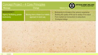 BIODIVERSITY
Agency facilitating greater
biodiversity
Moving from a linear to a holistic
approach to land use.
- Biodiversity & richness of the sensory experience
- Building the quality of the soil & variety of its output
- From market led monoculture to polyculture
- Ecological design
5/1/201510
 