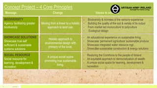 BIODIVERSITY
Agency facilitating greater
biodiversity
Moving from a linear to a holistic
approach to land use.
- Biodiversity & richness of the sensory experience
- Building the quality of the soil & variety of its output
- From market led monoculture to polyculture
- Ecological design
SHOWCASE SOLUTIONS
Showcase true self
sufficient & sustainable
systems solutions
Holistic approach to
environmental design with
primacy of the local.
- An educational experience on sustainable living
- Showcase ‘permanent agriculture’ sustainable produce
- Showcase integrated water resource mgt.
- Showcase sustainable construction & energy solutions
SOCIAL RESOURCE
Social resource for
learning, development &
recreation
A unique social space
promoting true sustainable
living.
- Restoring the Commons to the people of Ireland
- An equitable approach to democratization of wealth
- A unique social space for learning, development &
recreation
5/1/201512
 