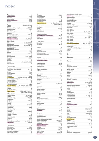 Index
ProduitsalimentairesPesntairesalimeeProduitProduitsaliestaiProduitsalimeen
Album photos 79
Alpaga (matière) 35, 65
Amarante 113
Arbres à bijoux 28, 29
Argan (cosmétiques) 40, 41
Assiettes 48, 49
Bagues 4, 8, 9, 14, 15, 19, 23
Ballotins 99
Bijoux en matériaux recyclés 4, 5, 20, 24, 25
Bijoux or végétal 14, 15
Bijoux tagua 6, 7
Bijoux verre fusion 8, 9
Bilboquet 88
Biscuits (sucrés et salés) 109, 114
Blanchissant écologique 47
Bloc note et support 75
Bois d’olivier (matière) 44, 58, 90, 91
Boîte à clés 72
Boîte à couture 60
Boîtes 68, 73 à 75, 77, 82
Boîtes à bijoux 27, 29, 30
Boîtes à café, sucre et thé 52, 103, 104, 108
Boîtes à mouchoirs 72
Boîtes à secrets 83
Boîtes à thés et infusions 52
Bols 48, 53
Bombilla 107
Bonbons 109, 112
Bonnets 35
Boucles d’oreilles 4 à 17, 19 à 26
Bougeoirs 68, 70
Boulgour 113
Boussoles 73
Bracelets 4 à 7, 10, 12 à 16, 18 à 25
Brûle parfums 68
Cacao (poudre) 108
Cadre photo 71
Cafés (moulu, grain, capsules) 101 à 103
Carillons 67
Carnets 79, 82
Cartes (papeterie) 78, 79
Casse-noix 58
Casse-tête 84, 85
Chats (thème) 24, 57, 60, 69, 71, 76, 80, 83, 85
Chaussettes (cosmétiques) 43
Chocolat (poudre) 108
Chocolats (ballotins) 99
Chocolats (barres) 98
Chocolats (tablettes) 97 à 99
Chouette (thème) 29, 54, 60, 69, 76, 77, 81 à 84
Chutneys 114
Ciseaux 60
Cloches, clochettes 67
Cœurs (thème) 30, 33, 56, 67 à 69, 71, 72,
75 à 77, 79, 82, 83, 90, 99
Coffret à couture 60
Coffrets à bijoux 27, 29, 30, 82
Colliers 4 à 19, 21 à 26
Commodes à bijoux 27, 29, 82
Condiments 115
Confiserie 109, 112
Confitures 111
Cookies 109
Corbeilles 59-61, 117
Corde à sauter 88
Cosmétiques 40 à 43
Coton cosmétique 43
Coupe papier 73
Coupelles 48, 49, 57
Coupes à fruits 57
Couteaux à fromage 58
Couverts 52, 58
Couverts à salade 48, 58
Couvre-lit 63, 65
Crèches 90 à 94
Cuillères à miel et confiture 52, 58, 110, 111
Cuir (articles) 33, 80, 81
Décapsuleurs 57
Déco de Noël 90 à 95
Dessous de plat 54 à 57, 59
Dessus de lit 65
Détergents écologiques 47
Diffuseurs de parfums 68
Dominos 87
Echarpes 35 à 39
Echarpes alpaga 35
Echarpes coton 39
Echarpes Palestine 38
Echarpes pashmina 38
Echarpes soie 36 à 38
Eléphants (thème) 16, 43, 50, 67, 68, 75, 79,
80, 83 à 85, 89, 92
Encens 68
Enveloppes 79
Epices 114 à 116
Etagère 72
Etui à lunettes 32
Fauteuils suspendus 66
Figue de Barbarie (cosmétiques) 40, 41
Flûtes 88
Fruits séchés 112, 114
Gants (alpaga) 35
Gants (four) 62
Gel douche 42, 45
Hamacs 66
Hibiscus 106
Houmous 114
Housses de coussin 64, 66
Huiles cosmétique 40, 41
Huiles d’olive (alimentaire) 115
Infusions 106
Instruments de musique 88
Ivoire végétal (tagua) 6 à 7
Jeux d’adresse 84, 86
Jeux de réflexion 84 à 87
Jouets enfants 89
Karité (cosmétiques) 43
Keffiehs 38
Lait de coco 115
Lentilles 113
Lessives écologiques 47
Liquide vaisselle écologique 47
Livres d’or 79
Loupes 73
Lunch box 52
Lutrins 71, 73, 75, 76
Maniques 62
Maté 107
Mètres déroulant 60
Meuble mural 72
Miels 110
Miroirs de poche 32, 82
Mobiles 67, 89
Muesli 108
Mugs 49 à 51
Musique (instruments) 88
Nappes 63
Noix de lavage 47
Nougats 112
Ocarinas 88
Ouvre-bouteilles 57
Or végétal 14, 15
Paillasson 62
Pain d’épices 109
Panier vendangeur 53, 117
Paniers 34
Paniers à œufs et panier poules 56
Paniers de rangement 59 à 61, 117
Paniers gourmands 118, 119
Papadums 114
Papier maché (matière) 30
Pashmina (matière) 38
Passoires 51, 104
Pastilles propolis 112
Patères 56, 57, 71
Pâtes à tartiner 108
Photophores 68 à 70, 94
Pierre de Kisac 69
Pierres à poncer (soin du corps) 43
Pierres fines 10 à 13, 75
Pilons et mortiers 58
Plaids (alpaga) 65
Planches à découper 58
Plateau tournant 53
Plateaux 53, 56 à 58
Pochettes à bijoux 30
Pochettes cosmétiques 31, 32
Pois chiches 113
Porte épices 72
Porte-chéquier 33
Porte-clés 35, 71, 73, 80, 81
Porte-crayons 75, 77, 82
Portefeuilles 33
Porte-lettres 74 à 77
Porte-monnaie 32 à 34, 80, 81
Porte-photos 71
Porte-plantes 71
Porte-savons 43, 44
Poule et oiseaux (thème) 7, 28, 32, 34, 54, 56, 67
Présentoirs à bijoux 28, 29
Presse citron 58
Produits d’entretien écologiques 47
Propolis 112
Puzzles 89
Quinoa 113
Ramequins 48, 49
Range courriers 74 à 77
Riz 113
Rooibos 105
Sablier 73
Sacs (papier artisanal) 30, 117
Sacs de conditionnement 117
Sacs de courses 34
Sacs fantaisie 31 à 33
Saladiers 48
Sauces 115
Savons 43 à 45
Selette 72
Serre-livres 71, 75, 76
Serviteurs à plateaux 56
Sirop d’agave 110
Soie (matière) 31, 32, 36 à 38
Sous-verres 53 à 55
Speculoos (biscuits et pâte) 108, 109
Statuettes (déco) 69, 71, 77, 91
Stylos 82
Sucres 108
Sucriers 49
Supports bijoux 28, 29
Support bloc note 75
Supports lunettes 71, 73, 76, 77
Supports savons 43, 44
Supports encens 68
Tabliers 62
Tabouret 72
Tagua (ivoire végétal) 6, 7
Taille crayons 80
Tapis 62
Tasses 49, 53, 103, 105
Terrine 114
Théières 50, 51, 105
Thés 104, 105, 107
Tirelires 80, 81
Tisanes 106
Torchons à vaisselle 62
Tortue (thème) 54, 60, 76
Toupies 88
Trousse de toilette 43
Trousses (bijoux) 31, 32
Trousses (maquillage) 31, 32
Trousses (pour stylos) 81
Truffes 99
Verre 53
Verres à thé, café et infusions 103, 105
Verre fusion (matière) 8, 9 , 94
123
 
