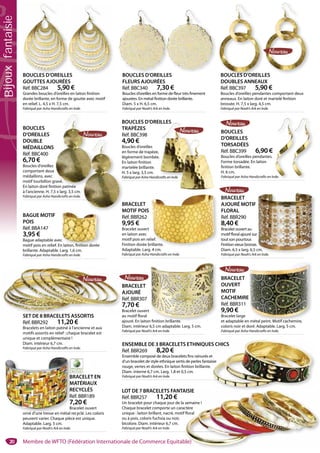 20
BRACELET
OUVERT
MOTIF
CACHEMIRE
Réf. BBR311
9,90 €
Bracelet large
et adaptable en métal peint. Motif cachemire,
coloris noir et doré. Adaptable. Larg. 5 cm.
Fabriqué par Asha Handicrafts en Inde.
E
n métal peint Motif cachemire
BOUCLES
D’OREILLES
DOUBLE
MÉDAILLONS
Réf. BBC400
6,70 €
Boucles d’oreilles
comportant deux
médaillons, avec
motif tourbillon gravé.
En laiton doré finition patinée
à l’ancienne. H. 7,5 x larg. 3,5 cm.
Fabriqué par Asha Handicrafts en Inde.
ravé.
tion patinée
BOUCLES
D’OREILLES
TORSADÉES
Réf. BBC399 6,90 €
Boucles d’oreilles pendantes.
Forme torsadée. En laiton
finition brillante.
H. 6 cm.
Fabriqué par Asha Handicrafts en Inde.de.
BOUCLES D’OREILLES
TRAPÈZES
Réf. BBC398
4,90 €
Boucles d’oreilles
en forme de trapèze,
légèrement bombée.
En laiton finition
martelée brillante.
H. 5 x larg. 3,5 cm.
Fabriqué par Asha Handicrafts en Inde.
ILLES
.
crafts en Inde
BOUCLES D’OREILLES
DOUBLES ANNEAUX
Réf. BBC397 5,90 €
Boucles d’oreilles pendantes comportant deux
anneaux. En laiton doré et martelé finition
brossée. H. 7,5 x larg. 4,5 cm.
Fabriqué par Noah’s Ark en Inde.
LESBOUCLES D’OREILLES
FLEURS AJOURÉES
Réf. BBC340 7,30 €
Boucles d’oreilles en forme de fleur très finement
ajourées. En métal finition dorée brillante.
Diam. 5 x H. 6,5 cm.
Fabriqué par Noah’s Ark en Inde.
SBOUCLES D’OREILLES
GOUTTES AJOURÉES
Réf. BBC284 5,90 €
Grandes boucles d’oreilles en laiton finition
dorée brillante, en forme de goutte avec motif
en relief. L. 4,5 x H. 7,5 cm.
Fabriqué par Asha Handicrafts en Inde.
BOUCLES D’OREILLE
SET DE 8 BRACELETS ASSORTIS
Réf. BBR292 11,20 €
Bracelets en laiton patiné à l’ancienne et aux
motifs assortis en relief : chaque bracelet est
unique et complémentaire !
Diam. intérieur 6,7 cm.
Fabriqué par Asha Handicrafts en Inde.
SET DE 8 BRACELETS ASSORTIS
BRACELET EN
MATÉRIAUX
RECYCLÉS
Réf. BBR189
7,20 €
Bracelet ouvert
orné d’une tresse en métal recyclé. Les coloris
peuvent varier. Chaque pièce est unique.
Adaptable. Larg. 5 cm.
Fabriqué par Noah’s Ark en Inde.
B
M
R
R
7
B
orné d’une tresse en métal r
ENSEMBLE DE 3 BRACELETS ETHNIQUES CHICS
Réf. BBR269 8,20 €
Ensemble composé de deux bracelets fins rainurés et
d’un bracelet de style ethnique sertis de perles fantaisie
rouge, vertes et dorées. En laiton finition brillante.
Diam. interne 6,7 cm. Larg. 1,8 et 0,5 cm.
Fabriqué par Noah’s Ark en Inde.
S CHICS
t
sie
LOT DE 7 BRACELETS FANTAISIE
Réf. BBR257 11,20 €
Un bracelet pour chaque jour de la semaine !
Chaque bracelet comporte un caractère
unique : laiton brillant, nacré, motif floral
ou à pois, coloris fuchsia ou noir,
bicolore. Diam. intérieur 6,7 cm.
Fabriqué par Noah’s Ark en Inde.
AISIE
semaine !
ctère
f floral
BAGUE MOTIF
POIS
Réf. BBA147
3,95 €
Bague adaptable avec
motif pois en relief. En laiton, finition dorée
brillante. Adaptable. Larg. 1,6 cm.
Fabriqué par Asha Handicrafts en Inde.
c
n laiton, finition dorée
BRACELET
MOTIF POIS
Réf. BBR262
9,95 €
Bracelet ouvert
en laiton avec
motif pois en relief.
Finition dorée brillante.
Adaptable. Larg. 4 cm.
Fabriqué par Asha Handicrafts en Inde.
lief.
rillante.
BRACELET
AJOURÉ
Réf. BBR307
7,70 €
Bracelet ouvert
au motif floral
ajouré. En laiton finition brillante.
Diam. intérieur 6,5 cm adaptable. Larg. 5 cm.
Fabriqué par Noah’s Ark en Inde.
n finition brillante.
BRACELET
AJOURÉ MOTIF
FLORAL
Réf. BBR290
8,40 €
Bracelet ouvert au
motif floral ajouré sur
tout son pourtour.
Finition vieux bronze.
Diam. 6,5 x larg. 6,5 cm.
Fabriqué par Noah’s Ark en Inde.
r
.
cm.
k en Inde
ESES BOUCLES D’OREILLESLES BOUCLES D’OREILL
4
B
e
lé
E
m
H
Fa
B
M
Bijouxfantaisie
Membre de WFTO (Fédération Internationale de Commerce Equitable)
 
