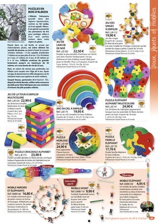 89
JEU DES
SINGES
À EMPILER
Réf. LJA112
19,90 €
Jeu des singes.
A partir de 1 joueur.
En fibre de bois peint
à la main. Empiler les 10 singes. Le premier qui fait
tomber les singes a perdu. A partir de 18 mois.
Dimension d’une pièce L. 5 x H. 5 x Ep. 3 cm.
Fabriqué par Gospel House au Sri Lanka.
.
oueur.
peint
er les 10 singes Le premier qui fait
ARC EN CIEL À EMPILER
Réf. LJE175 19,95 €
Un arc en ciel à empiler. En bois d’albizia.
A partir de 12 mois. L. 33 x H. 16 x Ep. 3 cm.
Fabriqué par Gospel House au Sri Lanka.
ARC EN CIEL À EMPILER
éf LJE175 19 95 €
JEU DE LATOUR À EMPILER
MULTICOLORE
Réf. LJA120 22,90 €
Jeu de la tour à empiler.
Multicolore. En bois
d’albizia massif.
A partir de 2 ans.
Pièce L. 9 x l. 3 x
Ep. 1,5 cm.
Fabriqué par Gospel
House au Sri Lanka.
R
U
A
Fa
A
R
MULTICOLORE
Réf. LJA120 22,90 €
Jeu de la tour à empiler.
Multicolore. En bois
d’albizia massif.
A partir de 2 ans.
Pièce L. 9 x l. 3 x
Ep. 1,5 cm.
Fabriqué par Gospel
House au Sri Lanka.
PUZZLE ÉLÉPHANT
ALPHABET MULTICOLORE
Réf. LJE141 24,90 €
Les 26 lettres de l’alphabet apparaissent
lorsque tout est assemblé. En fibres de bois
peint à la main. A partir de 18 mois.
L. 22,5 x H. 20 x Ep. 1cm
Fabriqué par Gospel House au Sri Lanka.
PUZZLE ÉLÉPHANT
PUZZLE
HORLOGE
Réf. LJE169
24,90 €
Pour apprendre
l’heure tout en
s’amusant. En bois
d’albizia. A partir de 3 ans. Diam. 15 cm.
Fabriqué par Gospel House au Sri Lanka.
artir de 3 ans. Diam. 15 cm.
9
d
e
n
dre
en
n bois
d
PUZZLE CROCODILE ALPHABET
Réf. LJE173 23,90 €
Puzzle crocodile alphabet. En fibres de bois. Une façon
ludique d’apprendre les lettres de l’alphabet tout en
s’amusant. A partir de 3 ans. L. 51 x H. 9 cm.
Fabriqué par Gospel House au Sri Lanka.Fabriqué par Gospel House au Sri Lanka.
PUZZLE
FAMILLE
ÉLÉPHANT
Réf. LJE170
17,70 €
Puzzle famille éléphant.
En bois d’albizia.
A partir de 3 ans. L. 15,5 x H. 14 x Ep. 3 cm.
Fabriqué par Gospel House au Sri Lanka.
léphant.
a.
s. L. 15,5 x H. 14 x Ep. 3 cm.
MOBILE MIROIRS
ET ÉLÉPHANTS
Réf. DMB160 16,80 €
Un mobile richement garni
de petits miroirs en forme
de losanges, d’éléphants aux
couleurs assortis, de perles
fantaisie multicolore et
de pompons. H. 180 cm.
Fabriqué par Noah’s Ark en Inde.
€
i
ux
s
e.
MOBILE SPORT
Réf. DMB119 9,90 €
Football, basketball, tennis
ou handball, tout est
là pour ravir votre
jeune sportif.
En fibres de bois
peint main. H. 45 cm.
Fabriqué par Gospel
House au Sri Lanka.
T
9,90 €
ll, tennis
est
m.
MOBILE ÉLÉPHANT
Réf. DMB169 4,95 €
Un mobile de perles ciselées
multicolores soutient une
clochette au doux tintement,
sumontée d’un éléphant
aux habits d’apparat.
En bois peint à la main.
Clochette laitonnée.
H. totale 36 cm.
Eléphant 8,5 x 6 cm.
Fabriqué par
Asha Handicrafts en Inde.
88989
cm.
NT
95 €
selées
une
ement,
ant
.
PUZZLES EN
BOIS D’ALBIZIA
L’Albizia Falcataria
grandit dans des
régions équatoriales,
comme au Sri Lanka,
où il est appelé «Mara».
Il est planté à proximité
des plantations de thé
pour protéger celles-ci
d’un vent parfois
violent dans cette
région du globe.
Planté dans un sol fertile et arrosé par
d’abondantes pluies, cet arbre détient les
records de pousse, au point d’avoir le surnom
«d’arbre miracle» : il est capable d’atteindre
7 mètres en un peu plus d’un an, 13 à 18 mètres
en 3 ans, 21 mètres en 4 ans, et 30 mètres en
9 à 10 ans. L’Albizia continue de grandir
lentement jusqu’à un maximum de 45
mètres, et a une durée de vie de 25 ans.
Mais, en raison de racines peu profondes, les
Albizia sont coupés vers l’âge de 8 ans. Après
cetâge,ilsdeviennenteneffetdangereuxcarils
résistent moins aux typhons et vents violents.
Gospel House, partenaire d’artisanat SELartisanat SEL
depuislesiècledernier,utilisecetteressource
durable pour faire fabriquer par une centaine
d’artisans de jolis puzzles colorés.
ArbrealbiziaauSriLanka
MOBILE
Autresmobiles
page58
Zoom
JEU DE
L’ARCHE
DE NOÉ
Réf. LJE183 22,50 €
Empilez le plus possible d’animaux sur l’arche
sans faire chavirer l’embarcation ! Un jeu
d’adresse en bois d’albizia massif, idéal pour
jouer en famille ! Pour 2 à 4 joueurs. A partir de
3 ans. Arche L. 19 x H. 14 x Ep. 3,5 cm.
Fabriqué par Gospel House au Sri Lanka.
JE
S
À
R
1
Je
A
En
à
to
D
JEU DE
L’ARCHE
DE NOÉ
Réf LJE183 22 50 €
Jeux,jouetsetmobiles
Port gratuit à partir de 80 € d’achat
 