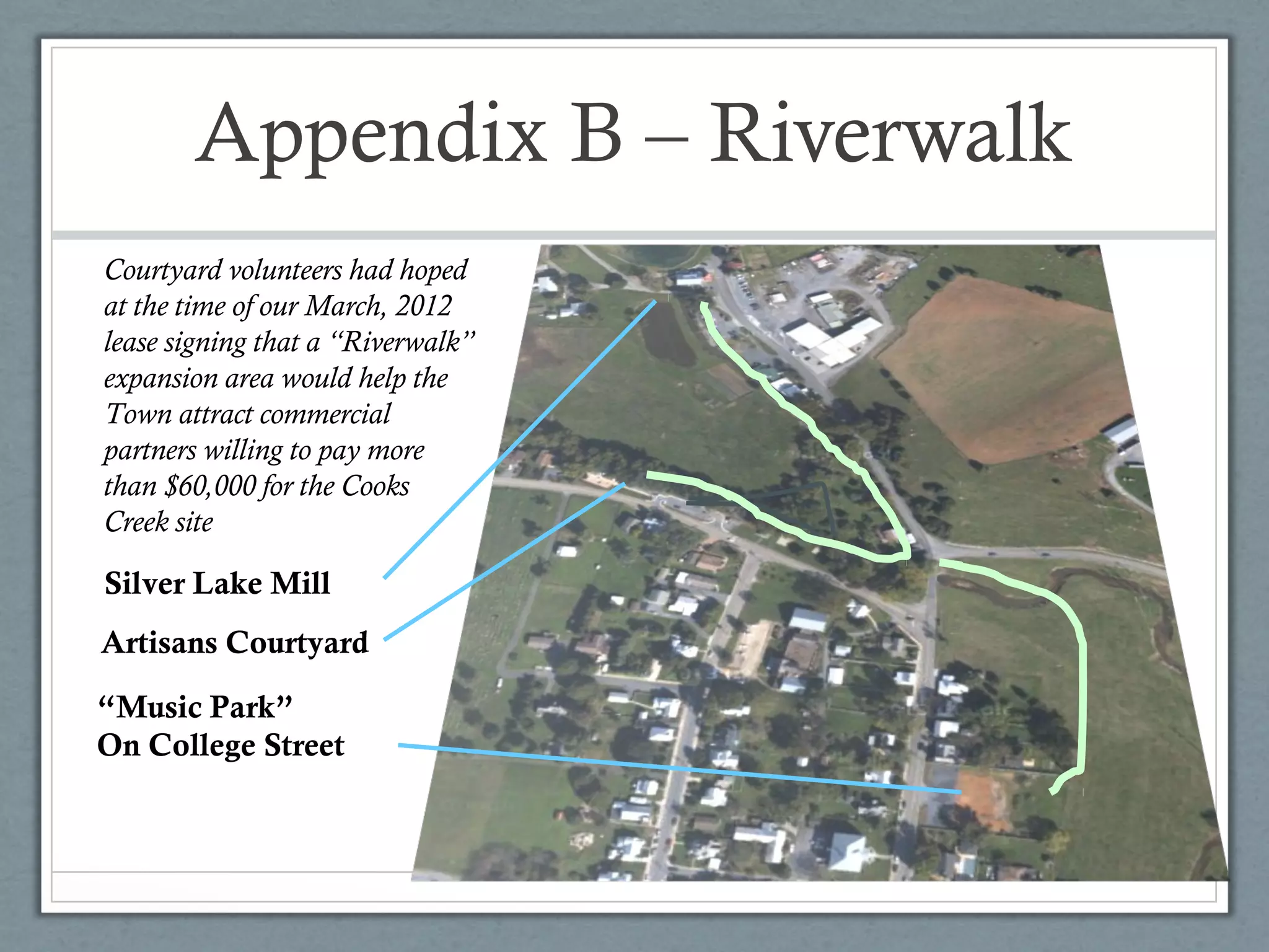 Appendix B – Riverwalk
Courtyard volunteers had hoped
at the time of our March, 2012
lease signing that a “Riverwalk”
expansion area would help the
Town attract commercial
partners willing to pay more
than $60,000 for the Cooks
Creek site

Silver Lake Mill
Artisans Courtyard
“Music Park”
On College Street

 