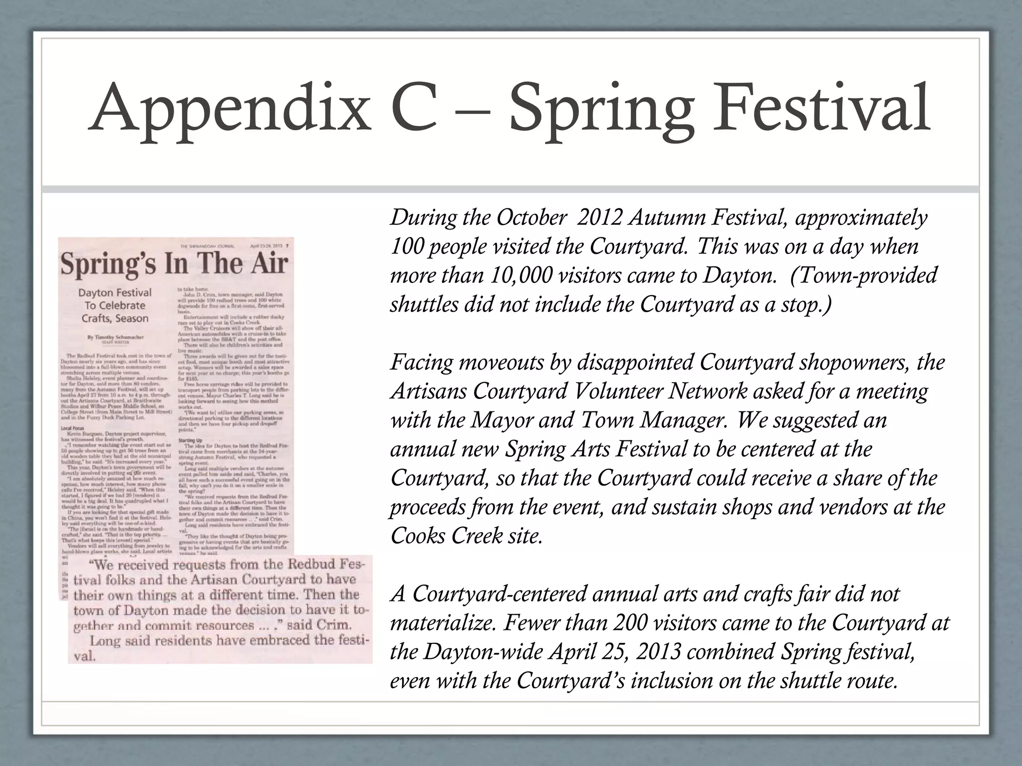 Appendix C – Spring Festival
During the October 2012 Autumn Festival, approximately
100 people visited the Courtyard. This was on a day when
more than 10,000 visitors came to Dayton. (Town-provided
shuttles did not include the Courtyard as a stop.)
Facing moveouts by disappointed Courtyard shopowners, the
Artisans Courtyard Volunteer Network asked for a meeting
with the Mayor and Town Manager. We suggested an
annual new Spring Arts Festival to be centered at the
Courtyard, so that the Courtyard could receive a share of the
proceeds from the event, and sustain shops and vendors at the
Cooks Creek site.
A Courtyard-centered annual arts and crafts fair did not
materialize. Fewer than 200 visitors came to the Courtyard at
the Dayton-wide April 25, 2013 combined Spring festival,
even with the Courtyard’s inclusion on the shuttle route.

 