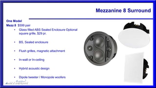Mezzanine 8 Surround
One Model
Mezz 8 $599 pair
• Glass filled ABS Sealed Enclosure Optional
square grille, $29 pr.
• BS, Sealed enclosure
• Flush grilles, magnetic attachment
• In-wall or In-ceiling
• Hybrid acoustic design
• Dipole tweeter / Monopole woofers
 