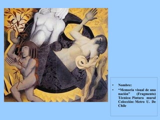        Nombre:  “ Memoria visual de una nación” (Fragmento) Técnica: Pintura mural Colección: Metro U. De Chile 