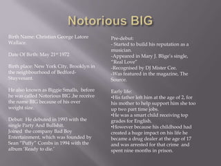 Birth Name: Christian George Latore
Wallace.
Date Of Birth: May 21st 1972
Birth place: New York City, Brooklyn in
the neighbourhood of BedfordStuyvesant.
He also known as Biggie Smalls, before
he was called Notorious BIG ,he receive
the name BIG because of his over
weight size.
Debut: He debuted in 1993 with the
single Party And Bullshit.
Joined the company Bad Boy
Entertainment, which was founded by
Sean “Puffy” Combs in 1994 with the
album „Ready to die.‟

Pre-debut:
- Started to build his reputation as a
musician.
-Appeared in Mary J. Blige‟s single,
“Real Love”
-Recognised by DJ Mister Cee.
-Was featured in the magazine, The
Source.

Early life:
•His father left him at the age of 2, for
his mother to help support him she too
up two part time jobs.
•He was a smart child receiving top
grades for English.
•However because his childhood had
created a huge impact on his life he
became a drug dealer at the age of 17
and was arrested for that crime and
spent nine months in prison.

 