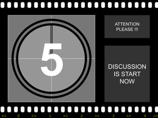 ATTENTION
                                      PLEASE !!!




              5                 DISCUSSION
                                  IS START
                                    NOW




>>   0   >>   1   >>   2   >>    3        >>       4   >>
 