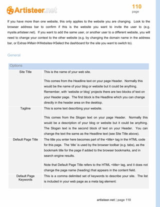 110
page
artisteer.net | page 110
If you have more than one website, this only applies to the website you are changing. Look to the
browser address bar to confirm if this is the website you want to invite the user to (e.g.
mysite.artisteer.net). If you want to add the same user, or another user to a different website, you will
need to change your context to the other website (e.g. by changing the domain name in the address
bar, or ExtrasMainWebsitesSelect the dashboard for the site you want to switch to).
General
Options
Site Title This is the name of your web site.
This comes from the Headline text on your page Header. Normally this
would be the name of your blog or website but it could be anything.
Remember, with ‘website or blog’ projects there are two blocks of text on
your Header page. The first block is the Headline which you can change
directly in the header area on the desktop.
Tagline This is some text describing your website.
This comes from the Slogan text on your page Header. Normally this
would be a description of your blog or website but it could be anything.
The Slogan text is the second block of text on your Header. You can
change the text the same as the Headline text (see Site Title above).
Default Page Title The title you enter here becomes part of the <title> tag in the HTML code
for this page. The ‘title’ is used by the browser toolbar (e.g. tabs), as the
bookmark title for the page if added to the browser bookmarks, and in
search engine results.
Note that Default Page Title refers to the HTML <title> tag, and it does not
change the page name (heading) that appears in the content field.
Default Page
Keywords
This is a comma delimited set of keywords to describe your site. The list
is included in your web page as a meta tag element:
 