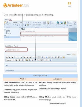 25
page
artisteer.net | page 25
Let us compare the options of 1) desktop editing and 2) online editing.
Adding Content
Artisteer Artisteer.net
Front end editing (WYSIWYG): filling in the
content fields on the actual website pages
Back end editing: filling in the WordPress- looking
post fields
Clipboard: copy-paste text and images (from
Microsoft Word, etc.)
Clipboard:Copy-paste or type the text
Editing Modes: visual mode and HTML mode
(Edit tab >HTML)
Editing Modes: visual mode and HTML mode
(markup display)
 