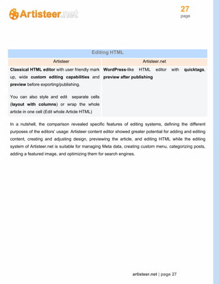 27
page
artisteer.net | page 27
Editing HTML
Artisteer Artisteer.net
Classical HTML editor with user friendly mark
up, wide custom editing capabilities and
preview before exporting/publishing.
You can also style and edit separate cells
(layout with columns) or wrap the whole
article in one cell (Edit whole Article HTML)
WordPress-like HTML editor with quicktags,
preview after publishing
In a nutshell, the comparison revealed specific features of editing systems, defining the different
purposes of the editors’ usage: Artisteer content editor showed greater potential for adding and editing
content, creating and adjusting design, previewing the article, and editing HTML while the editing
system of Artisteer.net is suitable for managing Meta data, creating custom menu, categorizing posts,
adding a featured image, and optimizing them for search engines.
 