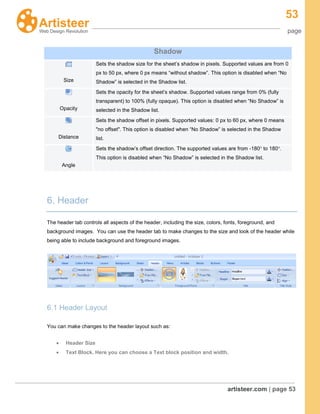 53
page
artisteer.com | page 53
Shadow
Size
Sets the shadow size for the sheet’s shadow in pixels. Supported values are from 0
px to 50 px, where 0 px means “without shadow”. This option is disabled when “No
Shadow” is selected in the Shadow list.
Opacity
Sets the opacity for the sheet’s shadow. Supported values range from 0% (fully
transparent) to 100% (fully opaque). This option is disabled when “No Shadow” is
selected in the Shadow list.
Distance
Sets the shadow offset in pixels. Supported values: 0 px to 60 px, where 0 means
"no offset". This option is disabled when “No Shadow” is selected in the Shadow
list.
Angle
Sets the shadow’s offset direction. The supported values are from -180° to 180°.
This option is disabled when “No Shadow” is selected in the Shadow list.
6. Header
The header tab controls all aspects of the header, including the size, colors, fonts, foreground, and
background images. You can use the header tab to make changes to the size and look of the header while
being able to include background and foreground images.
6.1 Header Layout
You can make changes to the header layout such as:
Header Size
Text Block. Here you can choose a Text block position and width.
 