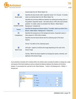 78
page
artisteer.com | page 78
If you selected a template with a shadow effect, the shadow option provides the ability to change size, angle
and opacity of the block shadow as well as indicate the distance between the shadow and the block
borders. To accomplish this, just click on the “More Shadow…” button in the Background -> Effects ->
Shadow list.
blocked style from the "Block Styles" list.
Border width
Specifies the block border width. Supported values: 0 to 10 pixels. To enable,
select any blocked style from the "Block Styles" list.
Gradient contrast
Specifies the luminance difference between the starting and ending colors of
the gradient. Supported values: -100 (solid color) to 100% (the most contrast
gradient). To enable, select any Gradient from Blocks > Block Styles >
Background > Gradient list.
Texture
Specifies the background texture options. To enable, select any texture from
Blocks > Block Styles > Background > Texture list.
Transparency
Specifies the transparency of the background texture. Supported values: 0
(fully opaque) to 100% (fully invisible).
Blend mode
Specifies how the texture blends with the underlying layer of the block.
Options:
Normal - No effect on the underlying layers.
Soft Light - Lightens or darkens the image depending on the color of the
texture image.
Overlay - Blends the layers together by changing the opacity, darkness, and
lightness of the texture image.
 