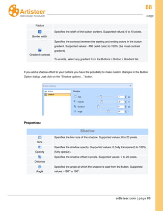 88
page
artisteer.com | page 88
If you add a shadow effect to your buttons you have the possibility to make custom changes in the Button
Option dialog. Just click on the “Shadow options…” button.
Properties:
Radius
Border width
Specifies the width of the button borders. Supported values: 0 to 10 pixels.
Gradient contrast
Specifies the contrast between the starting and ending colors in the button
gradient. Supported values: -100 (solid color) to 100% (the most contrast
gradient).
To enable, select any gradient from the Buttons > Button > Gradient list.
Shadow
Size
Specifies the blur size of the shadow. Supported values: 0 to 20 pixels.
Opacity
Specifies the shadow opacity. Supported values: 0 (fully transparent) to 100%
(fully opaque).
Distance
Specifies the shadow offset in pixels. Supported values: 0 to 20 pixels.
Angle
Specifies the angle at which the shadow is cast from the button. Supported
values: -180° to 180°.
 