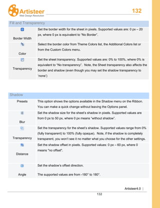 132
Artisteer4.0 |
132
Fill and Transparency
Border Width
Set the border width for the sheet in pixels. Supported values are: 0 px – 20
px, where 0 px is equivalent to “No Border”.
Color
Select the border color from Theme Colors list, the Additional Colors list or
from the Custom Colors menu.
Transparency
Set the sheet transparency. Supported values are: 0% to 100%, where 0% is
equivalent to “No transparency”. Note, the Sheet transparency also affects the
border and shadow (even though you may set the shadow transparency to
‘none’)
Shadow
Presets This option shows the options available in the Shadow menu on the Ribbon.
You can make a quick change without leaving the Options panel.
Blur
Set the shadow size for the sheet’s shadow in pixels. Supported values are
from 0 px to 50 px, where 0 px means “without shadow”.
Transparency
Set the transparency for the sheet’s shadow. Supported values range from 0%
(fully transparent) to 100% (fully opaque). Note, if the shadow is completely
transparent, you won’t see it no matter what you choose for the other settings.
Distance
Set the shadow offset in pixels. Supported values: 0 px – 60 px, where 0
means "no offset".
Angle
Set the shadow’s offset direction.
The supported values are from -180° to 180°.
 