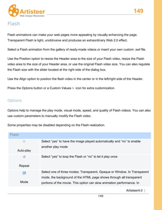 149
Artisteer4.0 |
149
Flash
Flash animations can make your web pages more appealing by visually enhancing the page.
Transparent Flash is light, unobtrusive and produces an extraordinary Web 2.0 effect.
Select a Flash animation from the gallery of ready-made videos or insert your own custom .swf file.
Use the Position option to resize the Header area to the size of your Flash video, resize the Flash
video area to the size of your Header area, or use the original Flash video size. You can also regulate
the Flash size with the slider located at the right side of the dialog box.
Use the Align option to position the flash video in the center or in the left/right side of the Header.
Press the Options button or a Custom Values icon for extra customization.
Options
Options help to manage the play mode, visual mode, speed, and quality of Flash videos. You can also
use custom parameters to manually modify the Flash video.
Some properties may be disabled depending on the Flash realization.
Flash
Auto-play
Select “yes” to have the image played automatically and “no” to enable
another play mode
Repeat
Select “yes” to loop the Flash or “no” to let it play once
Mode
Select one of three modes: Transparent, Opaque or Window. In Transparent
mode, the background of the HTML page shows through all transparent
portions of the movie. This option can slow animation performance. In
 