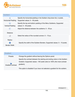 166
Artisteer4.0 |
166
Submenu Area Glow
Presets Change the glow without leaving the Options panel
Size
Specify the glow size in pixels.
Transparency
Specify the transparency value: 0 – 100 %.
Subitem
Horizontal Padding
Specify the horizontal padding in the Subitem drop-down list, in pixels.
Supported values: 0 – 50 pixels.
Vertical Padding
Specify the top and bottom padding of the Menu Subitems. Supported
values: 0 – 50 pixels.
Distance
Adjust the distance between the subitems: 0 – 50 px.
Radius
Select the radius of the rounded corners: 0 – 15 px.
Border Width
Specify the width of the Subitem Borders. Supported values: 0 – 10 pixels.
Gradient
Presets Change the gradient without leaving the Options panel.
Gradient contrast
Specify the contrast between the starting and ending colors in the Subitem
Gradient. Supported values: -100 (solid color) to 100% (the most contrast
gradient).
This option is disabled if you have not selected a gradient for the subitem.
 