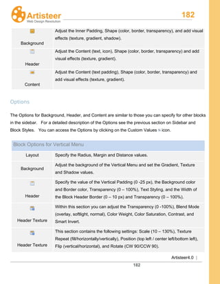 182
Artisteer4.0 |
182
Background
Adjust the Inner Padding, Shape (color, border, transparency), and add visual
effects (texture, gradient, shadow).
Header
Adjust the Content (text, icon), Shape (color, border, transparency) and add
visual effects (texture, gradient).
Content
Adjust the Content (text padding), Shape (color, border, transparency) and
add visual effects (texture, gradient).
Options
The Options for Background, Header, and Content are similar to those you can specify for other blocks
in the sidebar. For a detailed description of the Options see the previous section on Sidebar and
Block Styles. You can access the Options by clicking on the Custom Values icon.
Block Options for Vertical Menu
Layout Specify the Radius, Margin and Distance values.
Background
Adjust the background of the Vertical Menu and set the Gradient, Texture
and Shadow values.
Header
Specify the value of the Vertical Padding (0 -25 px), the Background color
and Border color, Transparency (0 – 100%), Text Styling, and the Width of
the Block Header Border (0 – 10 px) and Transparency (0 – 100%).
Header Texture
Within this section you can adjust the Transparency (0 -100%), Blend Mode
(overlay, softlight, normal), Color Weight, Color Saturation, Contrast, and
Smart Invert.
Header Texture
This section contains the following settings: Scale (10 – 130%), Texture
Repeat (fill/horizontally/vertically), Position (top left / center left/bottom left),
Flip (vertical/horizontal), and Rotate (CW 90/CCW 90).
 