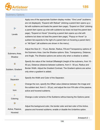 186
Artisteer4.0 |
186
Submenu Options
Levels
Apply one of the appropriate Subitem display modes: “One Level” (subitems
are not displayed), “Expand with Reload” (clicking a parent item opens up a
list with subitems and loads the parent item page), “Expand on Click” (clicking
a parent item opens up a list with subitems but does not load the parent item
page), “Expand on Hover” (hovering a parent item opens up a list with
subitems but does not load the parent item page), “Popup on Hover” (a
subitem list expands to the right of a parent item on hovering a parent item)
or “All Open” (all subitems are shown in the menu).
Submenu Area,
Shadow
Adjust the Size (0 – 15 px), Border, Radius, Fill and Transparency options of
the Submenu Area. Use the Shadow options: Size, Transparency, Distance,
and Angle. The Shadow options are active only when a shadow is added.
Subitem, Gradient
Specify the value of the Vertical Offseteight (height of the submenu, from 16 -
50 px), Distance (distance between subitems, from 0 - 50 px), Radius and
Border Width. Adjust the Gradient Contrast. The Gradient options are active
only when a gradient is added.
Separator
Specify the Width and Color of the Separator.
Icon
Change the icon, specify the Offset value (distance between the image and
the subitem text, from 0 – 20 px), and adjust the icon Fill color of the passive,
active and hovered subitems.
Coloring
Change a color scheme of the Subitems without leaving the Options panel.
Active, Passive,
Hovered
Adjust the background color, the border color and text color of the Active,
passive and hovered subitems; enable or disable the Underline option.
 