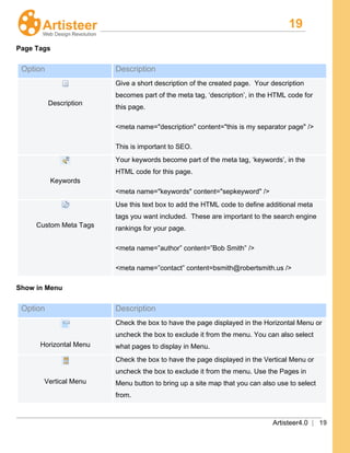 19
Artisteer4.0 | 19
Page Tags
Option Description
Description
Give a short description of the created page. Your description
becomes part of the meta tag, ‘description’, in the HTML code for
this page.
<meta name="description" content="this is my separator page
This is important to SEO.
" />
Keywords
Your keywords become part of the meta tag, ‘keywords’, in the
HTML code for this page.
<meta name="keywords" content="sepkeyword" />
Custom Meta Tags
Use this text box to add the HTML code to define additional meta
tags you want included. These are important to the search engine
rankings for your page.
<meta name=”author” content=”Bob Smith” />
<meta name=”contact” content=bsmith@robertsmith.us />
Show in Menu
Option Description
Horizontal Menu
Check the box to have the page displayed in the Horizontal Menu or
uncheck the box to exclude it from the menu. You can also select
what pages to display in Menu.
Vertical Menu
Check the box to have the page displayed in the Vertical Menu or
uncheck the box to exclude it from the menu. Use the Pages in
Menu button to bring up a site map that you can also use to select
from.
 