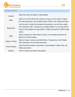 83
Artisteer4.0 | 83
Collage Options
General
Adjust the width and height of a slide/collage
Mask
Mask is one of the effects that overlays an image. Use this option to adjust
the mask parameters, such as Mask repeat, Position, Flip, Rotate and Scale.
Background
Use this option to adjust the background parameters, such as Color weight,
Color Saturation, Blur, Transparency, and Blend Mode. You can also set the
format of the background image (JPEG or PNG) and specify the JPEG image
quality.
Glare
Adjust Transparency, Blend Mode, Position, Fit and Scale parameters for
glare(s) in the slide images.
Image or Texture
Style an image or texture using Blend Mode, Transparency, Color Weight,
Color Saturation, and Contrast parameters.
Texture Position
Adjust the texture position using Scale, Texture Repeat, Position, Flip, and
Rotate parameters.
Gradient Set the contrast and angle of the gradient.
 