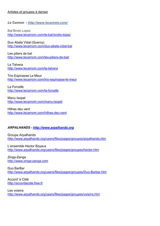 Artistes et groupes à danser
Le Camom - http://www.lecamom.com/
Bal Broto Lopez
http://www.lecamom.com/le-bal-brotto-lopez...