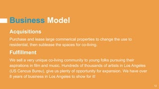 Business Model
Acquisitions
Purchase and lease large commerical properties to change the use to
residential, then sublease the spaces for co-living.
Fulfillment
We sell a very unique co-living community to young folks pursuing their
aspirations in film and music. Hundreds of thousands of artists in Los Angeles
(US Cencus Bureu), give us plenty of opportunity for expansion. We have over
8 years of business in Los Angeles to show for it!
12
 
