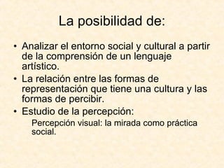 La posibilidad de: Analizar el entorno social y cultural a partir de la comprensión de un lenguaje artístico. La relación entre las formas de representación que tiene una cultura y las formas de percibir. Estudio de la percepción:  Percepción visual: la mirada como práctica social. 