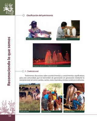 Reconociendo lo que somos 
130 
Clasi cación del patrimonio 
División del trabajo piaroa Artesanía popular 
El warime, danza de los indígenas piaroas 
1 - Tradición oral 
Testimonios discursivos sobre acontecimientos y conocimientos signifi cativos 
para una comunidad, que se transmiten de generación en generación mediante la 
narración oral, tal como cuentos, cantos, rezos, leyendas y recetas curativas o culinarias. 
Cantos de arreo Cantos de pilón Cantos de ordeño 
 