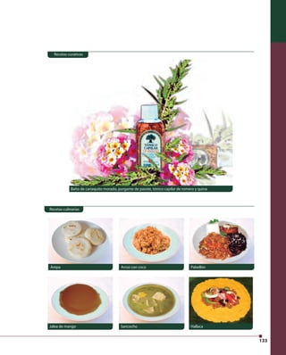 133 
Recetas curativas 
Baño de cariaquito morado, purgante de pasote, tónico capilar de romero y quina 
Recetas culinarias 
Arepa Arroz con coco Pabellón 
Jalea de mango Sancocho Hallaca 
 