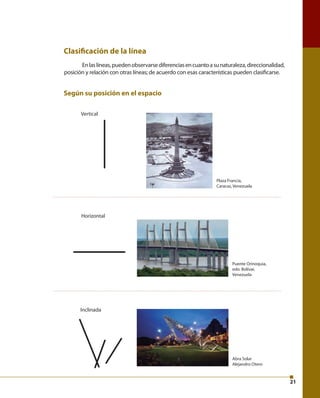 21 
Clasi cación de la línea 
En las líneas, pueden observarse diferencias en cuanto a su naturaleza, direccionalidad, 
posición y relación con otras líneas; de acuerdo con esas características pueden clasifi carse. 
Según su posición en el espacio 
Vertical 
Horizontal 
Inclinada 
Plaza Francia, 
Caracas, Venezuela 
Puente Orinoquia, 
edo. Bolívar, 
Venezuela 
Abra Solar 
Alejandro Otero 
 