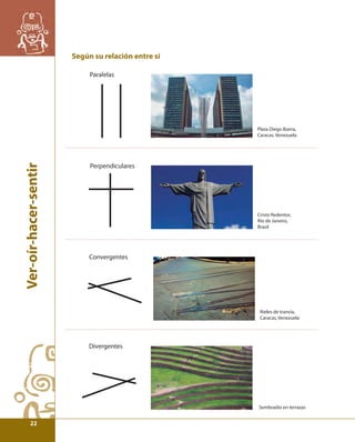 Ver-oír-hacer-sentir 
Según su relación entre sí 
Paralelas 
Perpendiculares 
Convergentes 
Divergentes 
Plaza Diego Ibarra, 
Caracas, Venezuela 
Cristo Redentor, 
Río de Janeiro, 
Brasil 
Rieles de tranvía, 
Caracas, Venezuela 
Sembradío en terrazas 
22 
 
