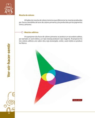 Ver-oír-hacer-sentir 
Mezcla de colores 
Al hablar de mezclas de colores tenemos que diferenciar las mezclas producidas 
por focos o bombillos de luces de colores primarios y las producidas por los pigmentos 
(tinta y pinturas). 
Mezclas aditivas 
Al superponer dos focos de colores primarios se produce un secundario aditivo, 
por ejemplo un azul violeta y un rojo-naranja producen rojo magenta. Al proyectar los 
tres colores aditivos uno sobre otro; rojo-anaranjado, verde y azul-violeta se produce 
luz blanca. 
Mezcla aditiva 
32 
 