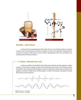 53 
Tambores y furruco Flauta dulce 
Duración – ritmo (hacer) 
La duración es la prolongación del sonido mismo. Los sonidos pueden ser largos 
o cortos y de la combinación de ellos se produce el ritmo. Por ejemplo, colocándose la 
mano en el corazón, cada niño, al sentir su latir y reproducirlo con la voz, se genera una 
combinación de ritmos y timbres. 
Altura - a nación (oír y ver) 
La altura se refi ere a la vibración de la onda sonora. Existen sonidos agudos, medios 
y graves. Si el sonido es agudo, mayor será la vibración de la onda. Si el sonido es grave, 
la vibración de la onda será prolongada. Cuando se habla de sonidos altos se refi ere a los 
agudos y cuando se habla de los sonidos bajos, se refi ere a los graves. Ejemplo: el sonido 
del cuatro y el de la guitarra. 
Mayor frecuencia = más agudo 
Menor frecuencia = más grave 
 