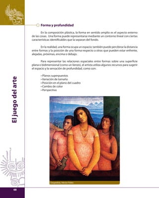 El juego del arte 
Forma y profundidad 
En la composición plástica, la forma en sentido amplio es el aspecto externo 
de las cosas. Una forma puede representarse mediante un contorno lineal con ciertas 
características identifi cables que la separan del fondo. 
En la realidad, una forma ocupa un espacio; también puede percibirse la distancia 
entre formas y la posición de una forma respecto a otras que pueden estar enfrente, 
alejadas, próximas, encima o debajo. 
Para representar las relaciones espaciales entre formas sobre una superfi cie 
plana o bidimensional (como un lienzo), el artista utiliza algunos recursos para sugerir 
el espacio y la sensación de profundidad, como son: 
• Planos superpuestos 
• Variación de tamaño 
• Posición en el plano del cuadro 
• Cambio de color 
• Perspectiva 
Despedida, Héctor Poleo 
68 
 
