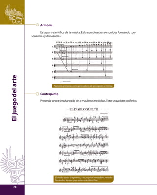 El juego del arte 
Armonía 
Es la parte científi ca de la música. Es la combinación de sonidos formando con-sonancias 
y disonancias. 
Armonia primaria 
Números primarios como generadores de percepción armónica 
Contrapunto 
Presencia sonora simultánea de dos o más líneas melódicas. Tiene un carácter polifónico. 
El diablo suelto (fragmento), vals popular venezolano. Heraclio 
Fernández. Versión para guitarra de Alirio Díaz 
78 
 