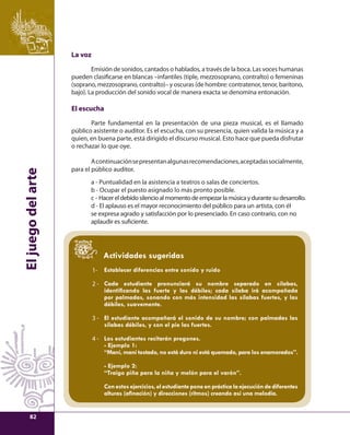El juego del arte 
La voz 
Emisión de sonidos, cantados o hablados, a través de la boca. Las voces humanas 
pueden clasifi carse en blancas –infantiles (tiple, mezzosoprano, contralto) o femeninas 
(soprano, mezzosoprano, contralto)– y oscuras (de hombre: contratenor, tenor, barítono, 
bajo). La producción del sonido vocal de manera exacta se denomina entonación. 
El escucha 
Parte fundamental en la presentación de una pieza musical, es el llamado 
público asistente o auditor. Es el escucha, con su presencia, quien valida la música y a 
quien, en buena parte, está dirigido el discurso musical. Esto hace que pueda disfrutar 
o rechazar lo que oye. 
A continuación se presentan algunas recomendaciones, aceptadas socialmente, 
para el público auditor. 
a - Puntualidad en la asistencia a teatros o salas de conciertos. 
b - Ocupar el puesto asignado lo más pronto posible. 
c - Hacer el debido silencio al momento de empezar la música y durante su desarrollo. 
d - El aplauso es el mayor reconocimiento del público para un artista, con él 
se expresa agrado y satisfacción por lo presenciado. En caso contrario, con no 
aplaudir es sufi ciente. 
1- 
2 - 
3 - 
4 - 
Actividades sugeridas 
Establecer diferencias entre sonido y ruido 
Cada estudiante pronunciará su nombre separado en sílabas, 
identifi cando las fuerte y las débiles; cada sílaba irá acompañada 
por palmadas, sonando con más intensidad las sílabas fuertes, y las 
débiles, suavemente. 
El estudiante acompañará el sonido de su nombre; con palmadas las 
sílabas débiles, y con el pie las fuertes. 
Los estudiantes recitarán pregones. 
- Ejemplo 1: 
“Maní, maní tostado, no está duro ni está quemado, para los enamorados”. 
- Ejemplo 2: 
“Traigo piña para la niña y melón para el varón”. 
Con estos ejercicios, el estudiante pone en práctica la ejecución de diferentes 
alturas (afi nación) y direcciones (ritmos) creando así una melodía. 
82 
 
