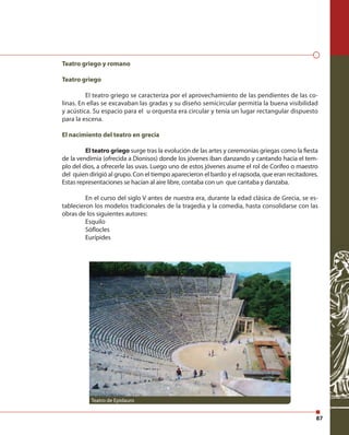 87
Teatro griego y romano
Teatro griego
El teatro griego se caracteriza por el aprovechamiento de las pendientes de las co...
