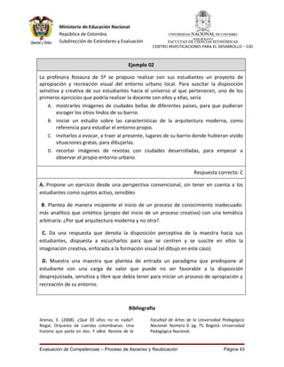 Ministerio de Educación Nacional
          República de Colombia
          Subdirección de Estándares y Evaluación            FACULTAD DE CIENCIAS ECONÓMICAS
                                                       CENTRO INVESTIGACIONES PARA EL DESARROLLO - CID




                                             Ejemplo 02

La profesora Rosaura de 5º se propuso realizar con sus estudiantes un proyecto de
apropiación y recreación visual del entorno urbano local. Para suscitar la disposición
sensitiva y creativa de sus estudiantes hacia el universo al que pertenecen, uno de los
primeros ejercicios que podría realizar la docente con ellos y ellas, sería
   A. mostrarles imágenes de ciudades bellas de diferentes países, para que pudieran
        escoger los sitios lindos de su barrio.
   B. iniciar un estudio sobre las características de la arquitectura moderna, como
        referencia para estudiar el entorno propio.
   C. invitarlos a evocar, a traer al presente, lugares de su barrio donde hubieran vivido
        situaciones gratas, para dibujarlas.
   D. recortar imágenes de revistas con ciudades desarrolladas, para empezar a
        observar el propio entorno urbano.

                                                                           Respuesta correcta: C

A. Propone un ejercicio desde una perspectiva convencional, sin tener en cuenta a los
estudiantes como sujetos activo, sensibles

 B. Plantea de manera incipiente el inicio de un proceso de conocimiento inadecuado:
más analítico que sintético (propio del inicio de un proceso creativo) con una temática
arbitraria: ¿Por qué arquitectura moderna y no otra?.

 C. Da una respuesta que denota la disposición perceptiva de la maestra hacia sus
estudiantes, dispuesta a escucharlos para que se centren y se suscite en ellos la
imaginación creativa, enfocada a la formación visual (el dibujo en este caso)

 D. Muestra una maestra que plantea de entrada un paradigma que predispone al
estudiante con una carga de valor que puede no ser favorable a la disposición
desprejuiciada, sensitiva y libre que debía tener para iniciar un proceso de apropiación y
recreación de su entorno.



                                             Bibliografía

Arenas, E. (2008). ¿Qué 20 años no es nada?:          Facultad de Artes de la Universidad Pedagógica
Nogal, Orquesta de cuerdas colombianas. Una           Nacional. Número 0. pg. 75. Bogotá: Universidad
historia que parte en dos. Y oBra. Revista de la      Pedagógica Nacional.


Evaluación de Competencias – Proceso de Ascenso y Reubicación                             Página 43
 