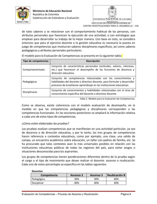 Ministerio de Educación Nacional
         República de Colombia
         Subdirección de Estándares y Evaluación
                                                            FACULTAD DE CIENCIAS ECONÓMICAS
                                                      CENTRO INVESTIGACIONES PARA EL DESARROLLO - CID

de tales saberes y se relacionan con el comportamiento habitual de las personas, con
atributos personales que favorecen la ejecución de una actividad, o con estrategias que
emplean para desarrollar su trabajo de la mejor manera. Con base en esto, se considera
entonces que para el ejercicio docente o la gestión educativa es necesaria la puesta en
juego de competencias que involucran saberes disciplinares específicos, así como saberes
pedagógicos y atributos personales particulares.
El modelo para la Evaluación de Competencias se presenta en la siguiente tabla:
Tipo de competencias                                    Descripción
                        Conjunto de características personales (actitudes, valores, intereses,
Comportamentales        etc.) que favorecen el desempeño de las funciones de docencia y
                        dirección educativa.
                        Conjunto de competencias relacionadas con los conocimientos y
Pedagógicas             habilidades del docente o directivo docente, para formular y desarrollar
                        procesos de enseñanza–aprendizaje en las instituciones educativas.
                        Conjunto de conocimientos y habilidades relacionadas con el área de
Disciplinares
                        conocimiento específica del docente o directivo docente.
                                                   Tabla 2. Modelo para la Evaluación de Competencias.

Como se observa, existe coherencia con el modelo evaluación de desempeño, en la
medida en que las competencias pedagógicas y disciplinares corresponden a las
competencias funcionales. En las secciones posteriores se ampliará la información relativa
a cada uno de estos tipos de competencias.

¿Cómo están elaboradas las pruebas?
Las pruebas evalúan competencias que se manifiestan en una actividad particular, ya sea
de docencia o de dirección educativa, y por lo tanto, los tres grupos de competencias
hacen referencia a contextos educativos, como por ejemplo, una clase, una salida de
campo, un encuentro académico sobre educación, un taller con padres de familia, etc. Se
ha procurado que tales contextos sean lo más universales posibles en relación con las
instituciones educativas públicas de todas las regiones del país, para evitar sesgos o
situaciones desconocidas para los aspirantes.
Los grupos de competencias tienen ponderaciones diferentes dentro de la prueba según
el cargo y el tipo de movimiento que desee realizar el docente: ascenso o reubicación.
Cada uno de estos porcentajes se especifica en las tablas siguientes:

        Docentes
                Competencia             Ascenso 2           Ascenso 3       Reubicación B
        Pedagógica                         30%                  30%               40%
        Disciplinar                        40%                  40%               30%


Evaluación de Competencias – Proceso de Ascenso y Reubicación                           Página 9
 