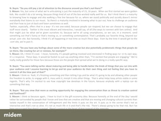 N. Baym: “Sometimes the fact that you can have so much communication with your audience on the Internet is a challenge for some people. You’re sort of faced with that question of, “How much do I want to tell about myself and where do I want to draw those lines?” K. Hersh:  That’s true, but I am in control of it now.  In the past, a Rolling Stone writer would live in my house for a few days and write down everything they heard and I had no control over how they heard it.  I could try to have a fair amount of control over what they heard, but not when you have a life.  And I had to trust people to be decent and it was nerve racking. Now I have the time to think and I have time to say what I think is important. And I don’t particularly believe in self-expression.  I just don’t think we need to blather on at each other because we have issues or psycho garbage. But I do think that sometimes people ask pertinent questions because they need to know the answer and I can respect that.  And if I don’t want to answer peoples’ questions I’m silent.  Now I’m allowed to be silent sometimes. N. Baym: “It’s interesting to hear you talk about having greater control over your identity online and what you engage and what you don’t.” K. Hersh:  I have a very respectful audience, I think not everyone attracts that kind of a listener.  But I don’t think anybody would ever say anything negative to me or even to invasive.  I have interesting conversations and when I’m not interested or I’m not interesting, I shut up. N. Baym: “You’ve said that giving music away brings in people who want to fund you, and you’ve had success with your “Strange Angels” subscribers. How do you think that works?” K. Hersh:  I think it’s balance.  Everybody knows there are extremely rich people in the music business and discerning listeners have noticed that those are generally not the musicians that they like.  So they don’t feel good about handing over money for a CD when it’s going to those people.  But if you can see a band, buy a band’s recordings and know that there is no middle-man collecting, they can’t stop giving.  They see that we’ve given and now it’s their turn to give. And yet that’s not really what it’s about anyway. Really the point is if someone doesn’t have anything they can get it. They can still listen to music. They can still come to a show. Because lots of great listeners don’t have any money. And it’s interesting they — sort of awful — they thank me for letting them be involved.  It gives me a stomach ache. 
