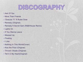 Ask Of You 
More Than Friends 
“Dracula 71” ft Rubie Grae 
Remedy (Original) 
Remedy ft Secret Sam (R&B/House Remix) 
Lights On 
If You Wanna Leave 
Messed Up 
Floating 
I Like 
Nothing In This World(Cover) 
Kiss the Floor (Original) 
Throwin Shade (Original) 
Tell It 2 My Heart(Original) 
 