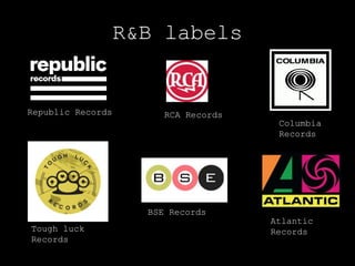 R&B labels
RCA RecordsRepublic Records
Tough luck
Records
BSE Records
Atlantic
Records
Columbia
Records
 