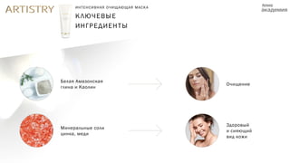КЛЮЧЕВЫЕ
ИНГРЕДИЕНТЫ
ИНТЕНСИВНАЯ ОЧИЩАЮЩАЯ МАСКА
Белая Амазонская
глина и Каолин
Минеральные соли
цинка, меди
Очищение
Здоровый
и сияющий
вид кожи
 